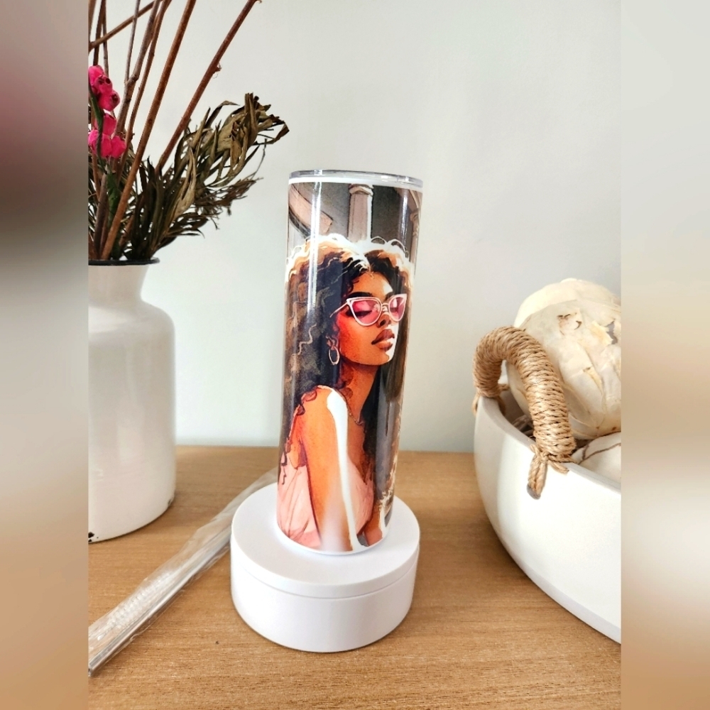 Stylish African American Girl Custom Tumbler with Artistic Design 20 oz Tumbler